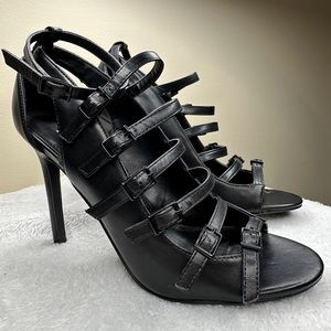 Tildon Black Leather Caged Design with buckles and Open Toe 4" Heels NEW
